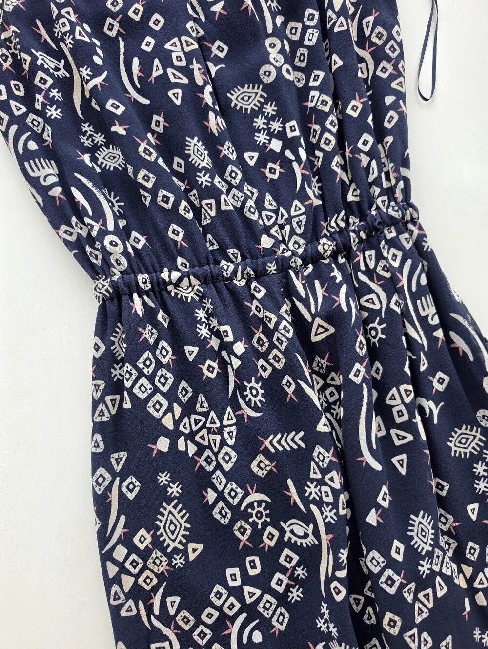 Tory Burch Silk Navy Blue Geometric Tribal Print Wide Leg Jumpsuit